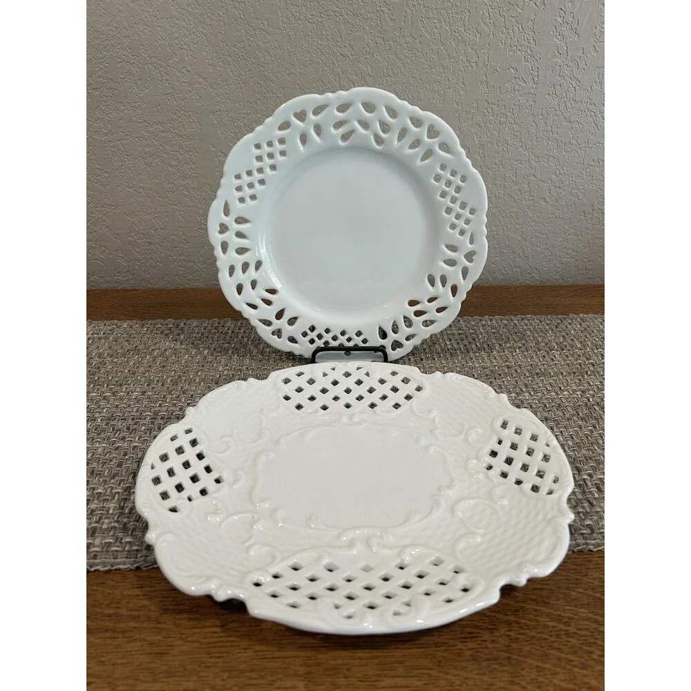 Vintage White Milk Lattice Edge Plates Set Of 2 Oval 10 X 12 Round 10 Diameter